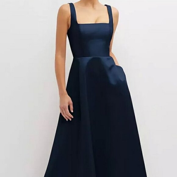 Dessy Collection Midnight Blue Square Neck Sateen Midi Gown 3140 - Picture 1 of 6